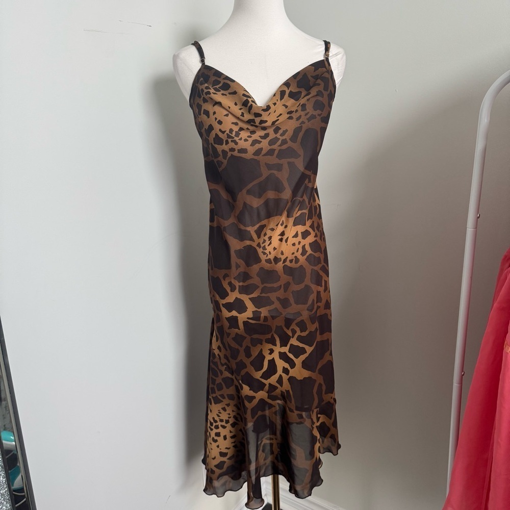Y2K Leopard Slip Dress – Cowl Neck • Sheer Midi • 90s Vintage Vibes - Picture 2 of 5